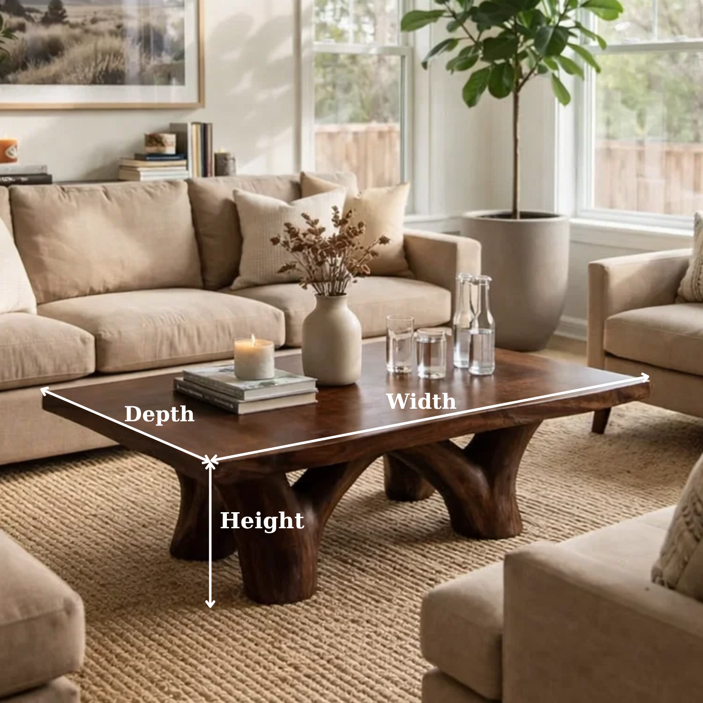 Solid Wood Rustic Coffee Table with Sculpted Base – Live Edge Living Room Coffee Table