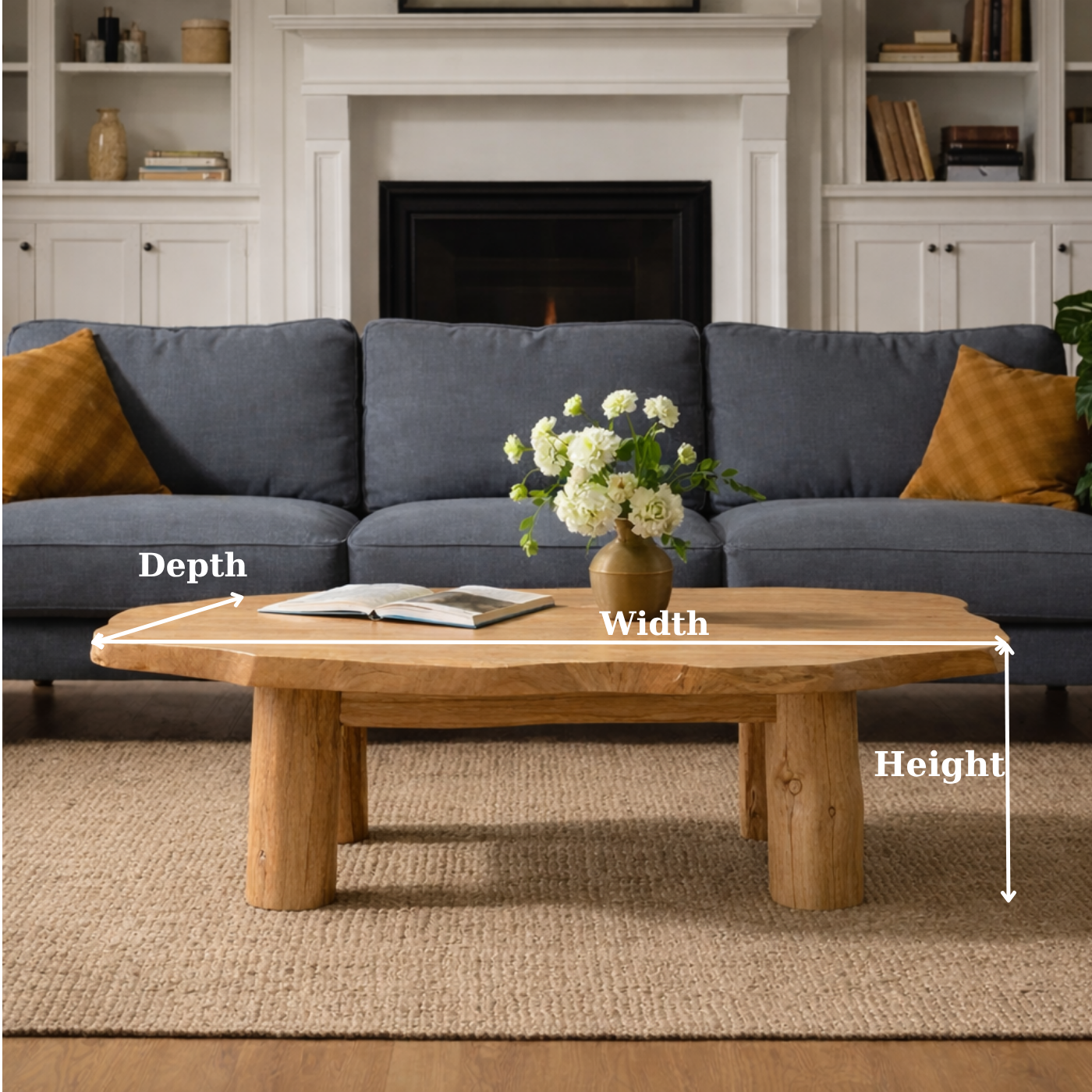 Solid Wood Round Coffee Table with Chunky Legs – Rustic Natural Wood Living Room Table