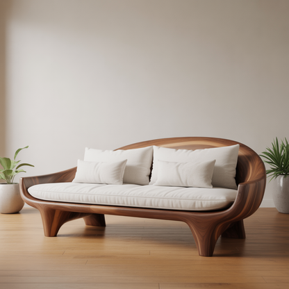 Handcrafted Solid Wood Sofa – Modern Organic Wood Couch with Smooth Curves and Linen Cushions Kitchnce