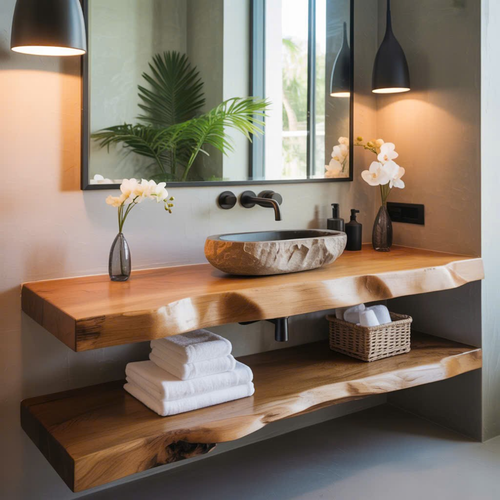 Handcrafted Solid Wood Floating Vanity, Organic Live Edge Vessel Sink Console Kitchnce