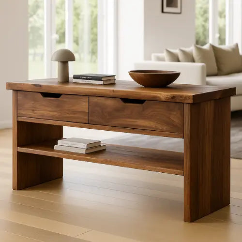 Handcrafted Solid Wood Console Table – Walnut Finish with Drawers and Open Shelf Kitchnce