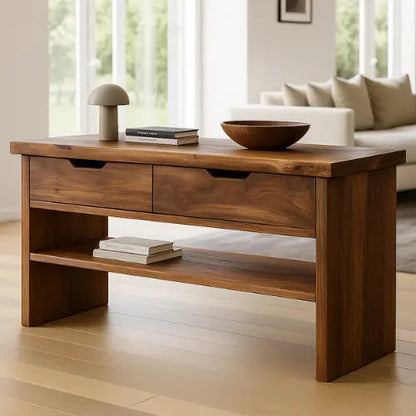 Handcrafted Solid Wood Console Table – Walnut Finish with Drawers and Open Shelf Kitchnce