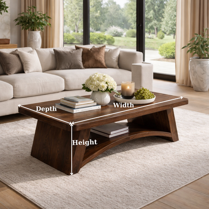 Solid Wood Coffee Table with Sculpted Base and Open Shelf – Rustic Modern Living Room Table