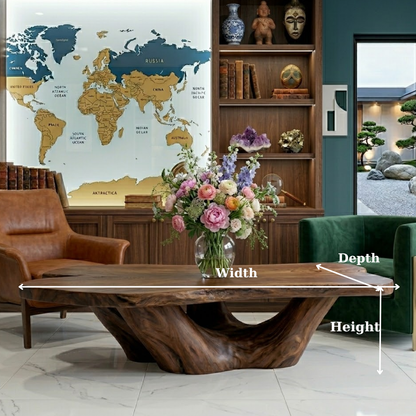 Solid Wood Live Edge Coffee Table with Sculptural Base – Rustic Organic Living Room Table