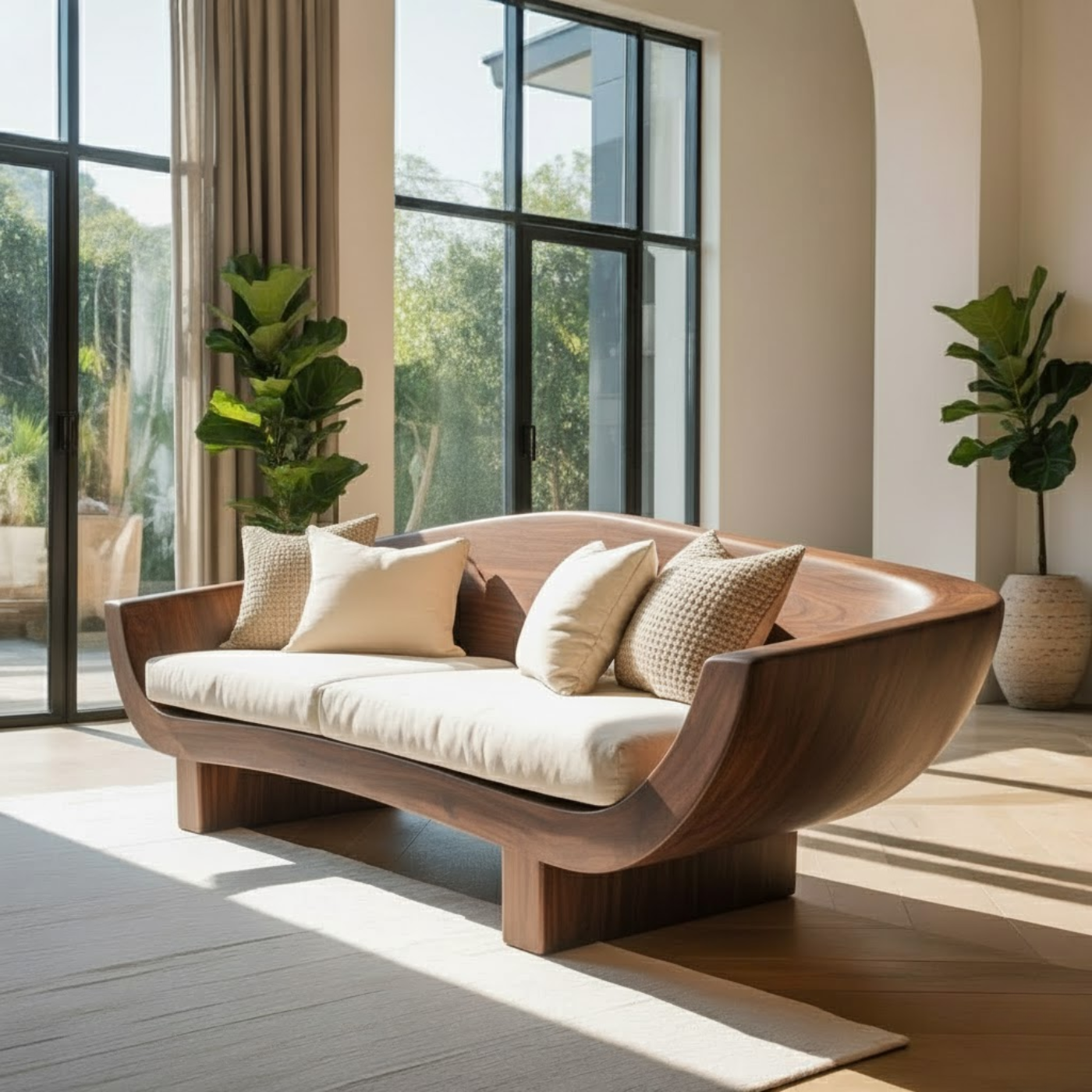 Handcrafted Solid Walnut Sofa – Modern Sculptural Wood Couch with Curved Organic Design Kitchnce