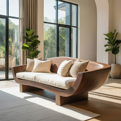 Handcrafted Solid Walnut Sofa – Modern Sculptural Wood Couch with Curved Organic Design Kitchnce