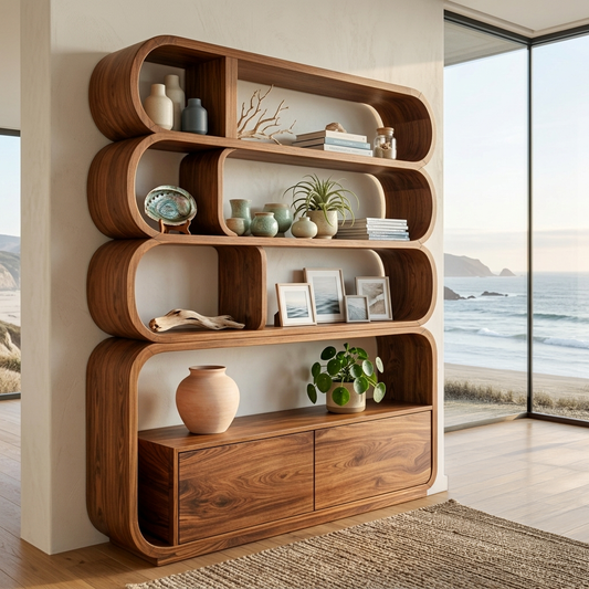 Modern Natural Wood Bookshelf With Curved Structure For Living Room Kitchnce