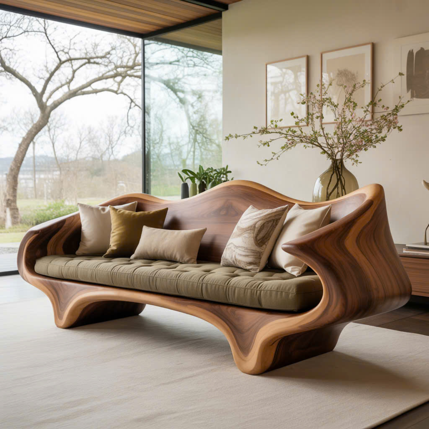 Handcrafted Solid Wood Sofa – Sculptural Organic Wood Couch with Artistic Curves and Cushion Seat Kitchnce
