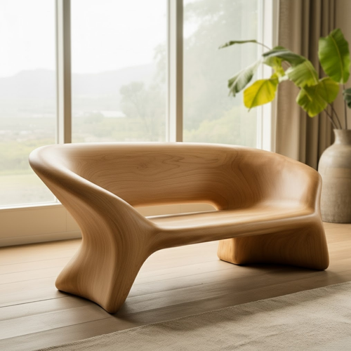 Handcrafted Solid Wood Sofa – Sculptural Organic Bench-Style Couch with Smooth Minimalist Design Kitchnce
