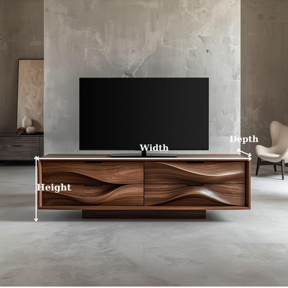 Solid Wood TV Stand with Sculpted Wave Doors – Modern Minimalist Media Console