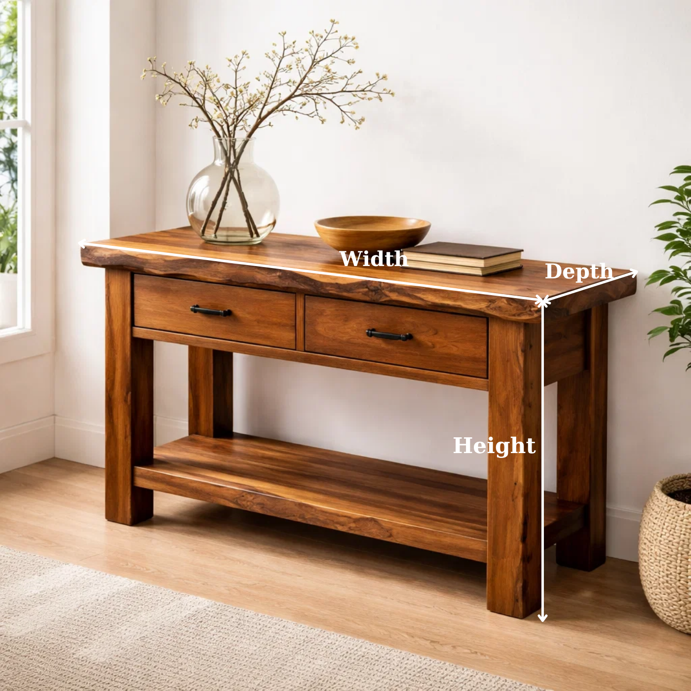 Solid Wood Console Table with Drawers and Shelf