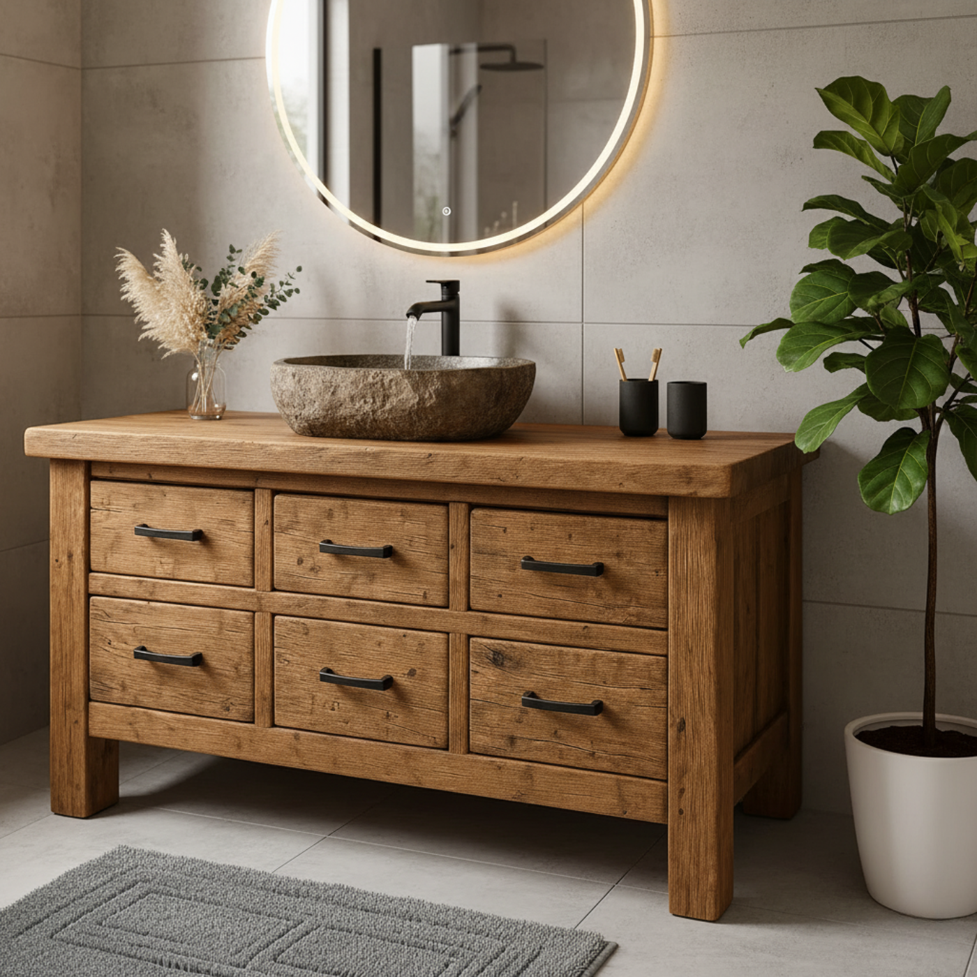 Handcrafted Soild Wood Bathroom Vanity - Farmhouse Storage Cabinet with 6 Drawers Kitchnce