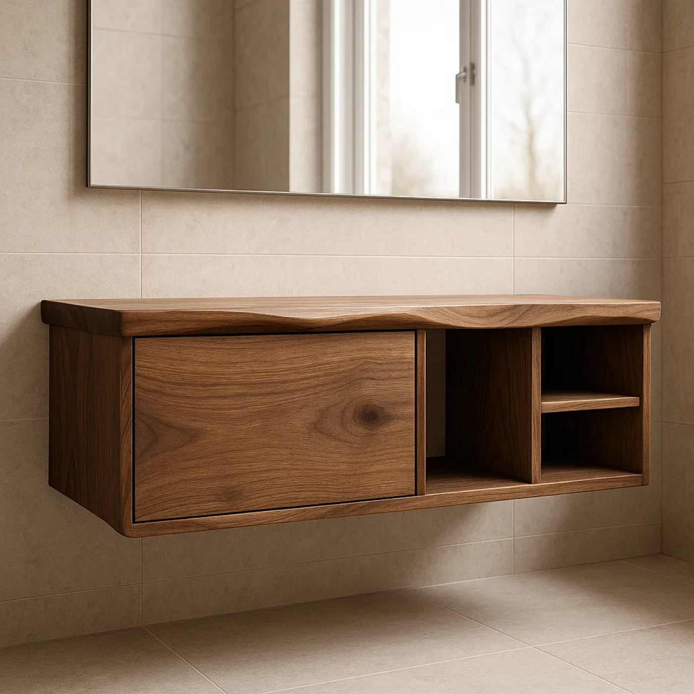 Handcrafted Solid Wood Floating Vanity - Asymmetrical Walnut Console with Hidden & Open Storage Kitchnce