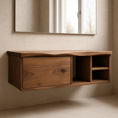 Handcrafted Solid Wood Floating Vanity - Asymmetrical Walnut Console with Hidden & Open Storage Kitchnce