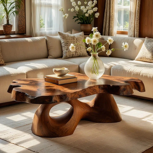 Sculptural Live Edge Natural Wood Coffee Table with Carved Base