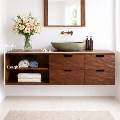 Floating Solid Wood Bathroom Vanity with Textured Drawer Fronts and Open Shelf – Modern Rustic Wall Mounted Vanity Kitchnce