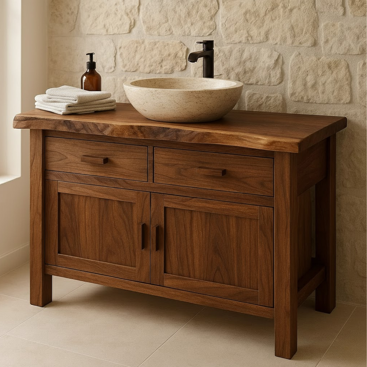 Handcrafted Solid Wood Bathroom Vanity - Live Edge Top Cabinet with Drawers & Doors Kitchnce