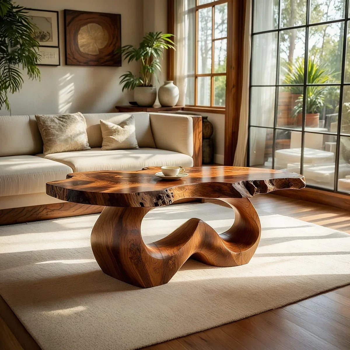 Live Edge Natural Wood Coffee Table with Sculpted Open-Form Base