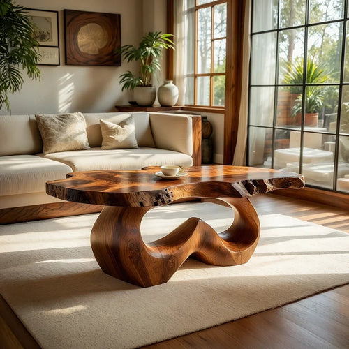 Live Edge Natural Wood Coffee Table with Sculpted Open-Form Base