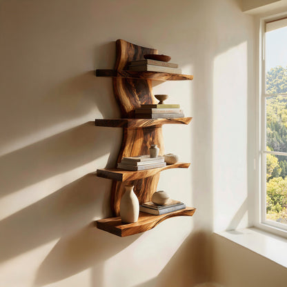 Vertical Wood Wall-Mounted Shelf With Layered Display