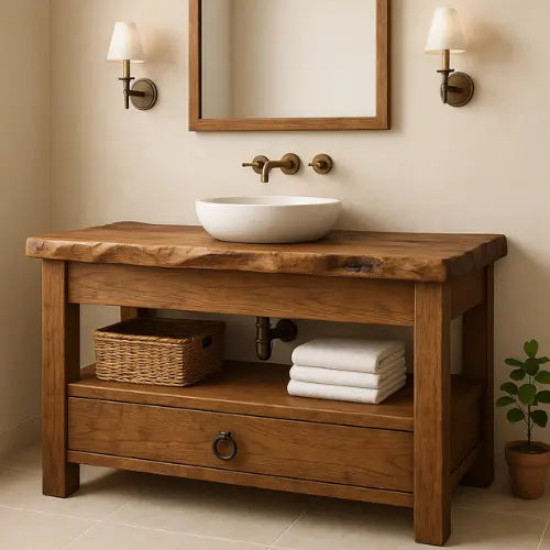 Handcrafted Solid Wood Bathroom Vanity – Live Edge Countertop with Drawer and Shelf – Rustic Organic Farmhouse Sink Console Kitchnce