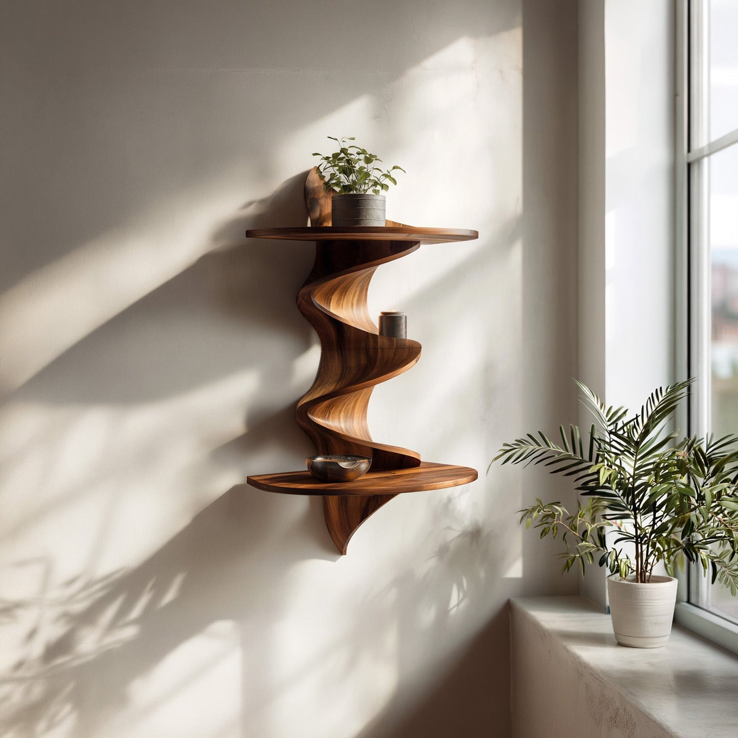 Sculptural Wave Wall Mounted Shelf in Natural Wood