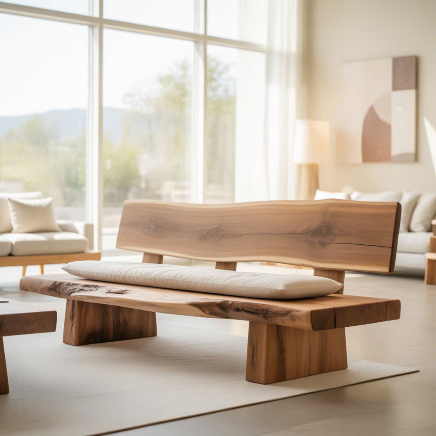 Handcrafted Solid Wood Sofa – Rustic Live Edge Bench-Style Couch with Minimalist Natural Design Kitchnce