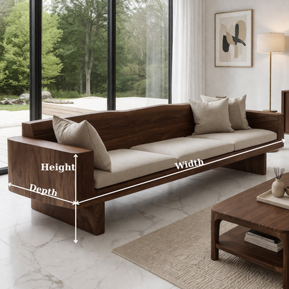 Walnut Solid Wood Sofa – Modern Rustic Wooden Living Room Sofa