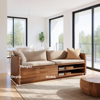Solid Wood Storage Sofa – Modern Wooden Sofa with Drawer and Shelving