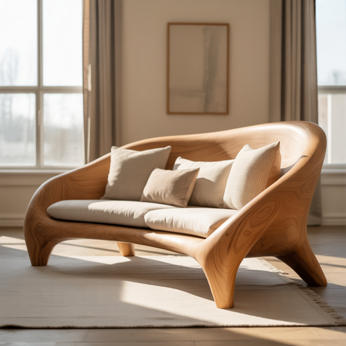Handcrafted Solid Wood Sofa – Modern Organic Curved Couch with Smooth Sculptural Frame and Linen Cushions Kitchnce