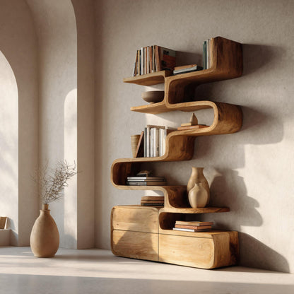 Scandinavian Sculptural Wooden Bookshelf With Organic Shape For Living Room Kitchnce