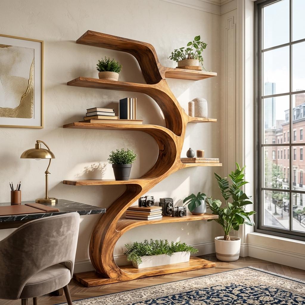 Minimal Natural Wood Bookshelf Branch Design For Interior Space Kitchnce
