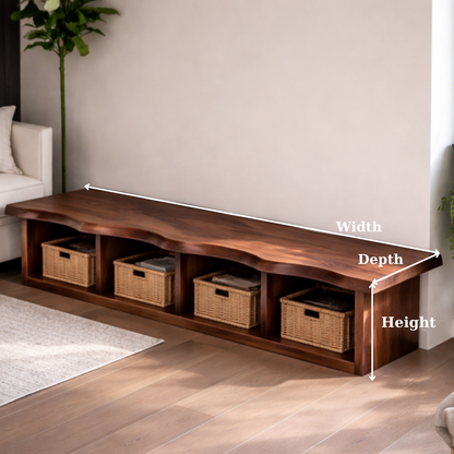 Solid Wood Storage Bench – Live Edge Wooden Bench with Open Cubby Shelves