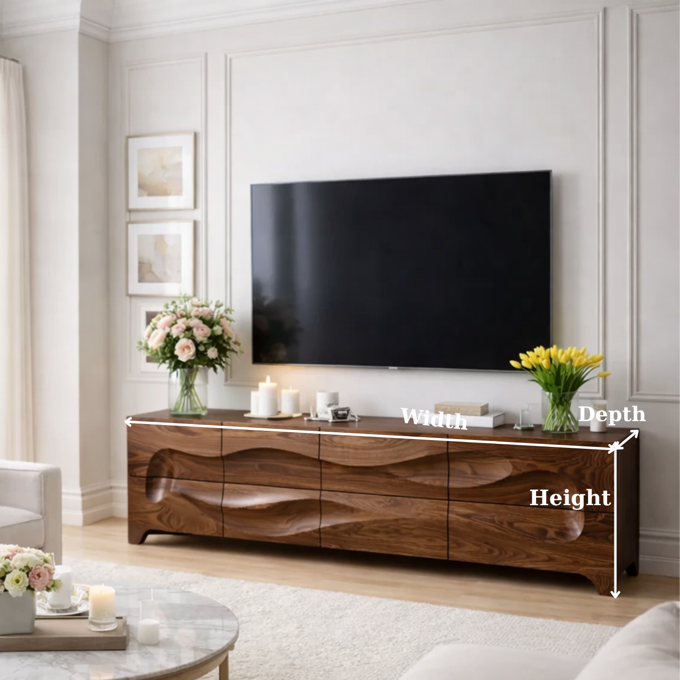 Solid Wood Sculptured Wave TV Console - Handcrafted Walnut Media Sideboard