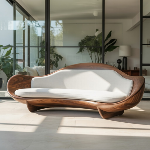 Handcrafted Solid Wood Sofa – Modern Organic Sculptural Couch with Curved Wood Frame Kitchnce