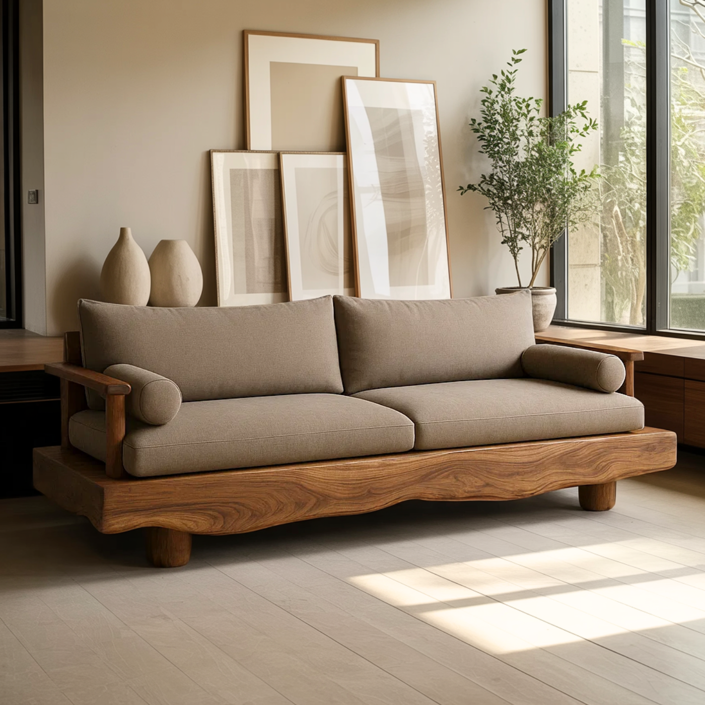 Handcrafted Solid Wood Sofa – Rustic Live Edge Wood Couch with Modern Minimalist Cushion Design Kitchnce