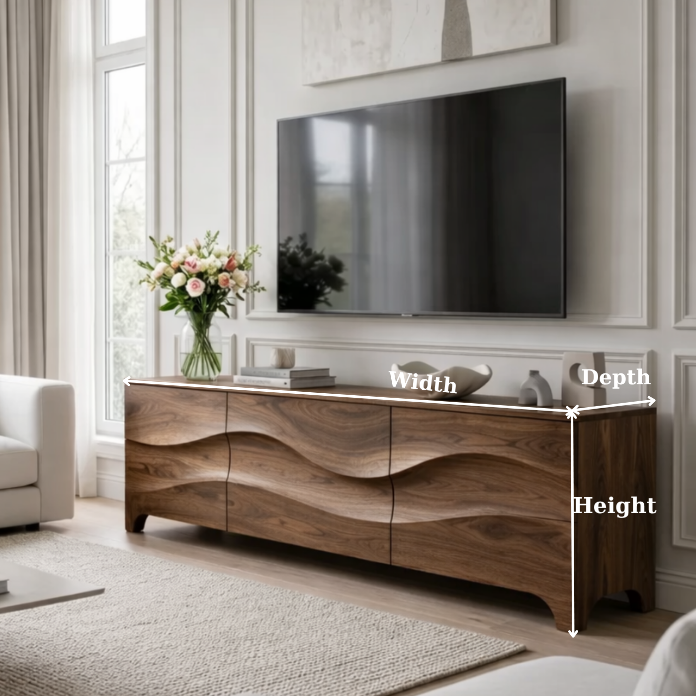 Modern Walnut Wave TV Stand – Sculpted Wood Media Console