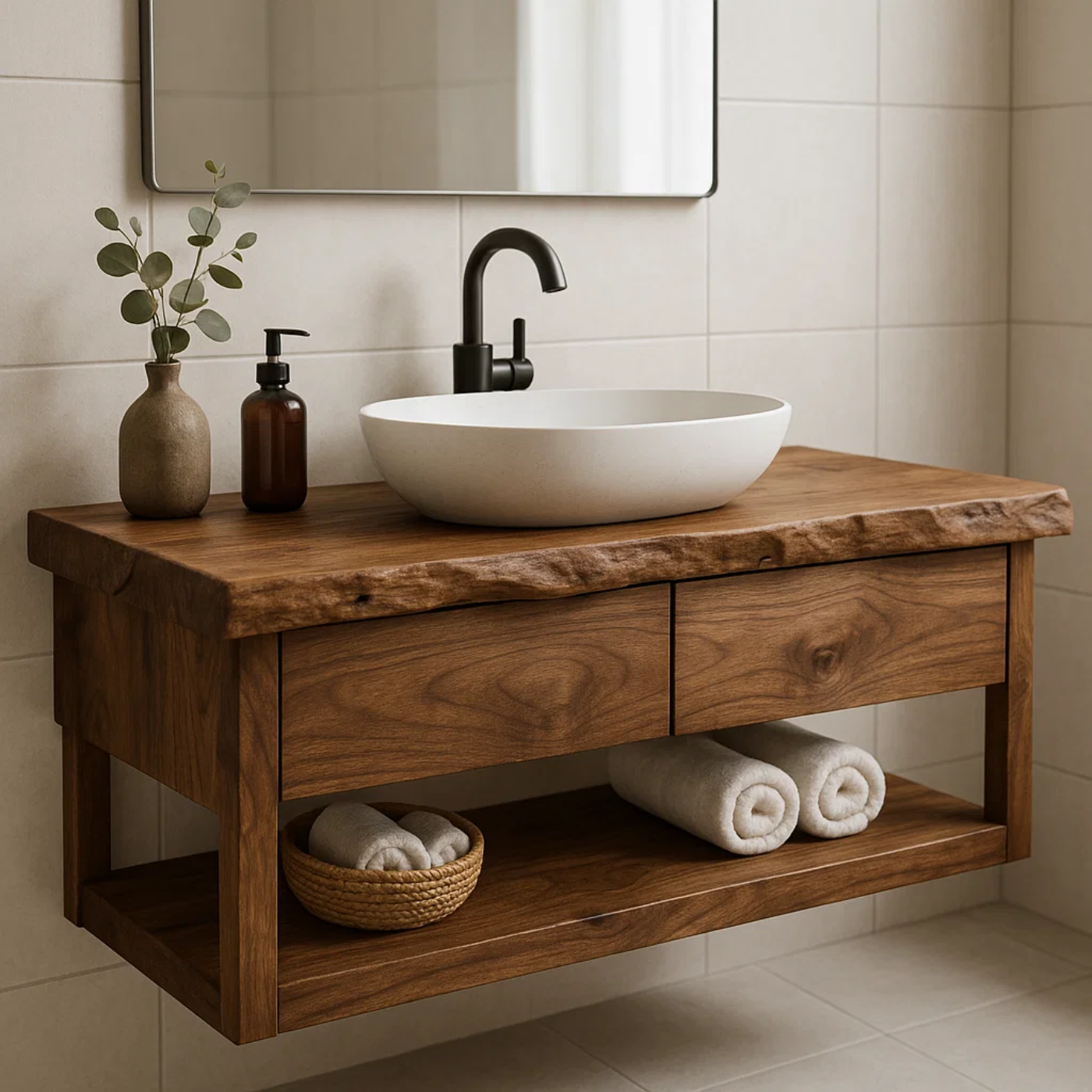 Rustic Solid Wood Floating Bathroom Vanity with Open Shelf Storage
