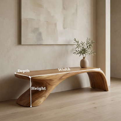 Sculptural Wooden Bench, Modern Curved Accent Seat, Minimalist Entryway Statement Furniture Piece