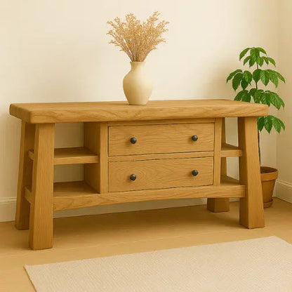 Handcrafted Solid Wood Console Table – Modern Rustic Oak with Drawers and Side Shelves Kitchnce