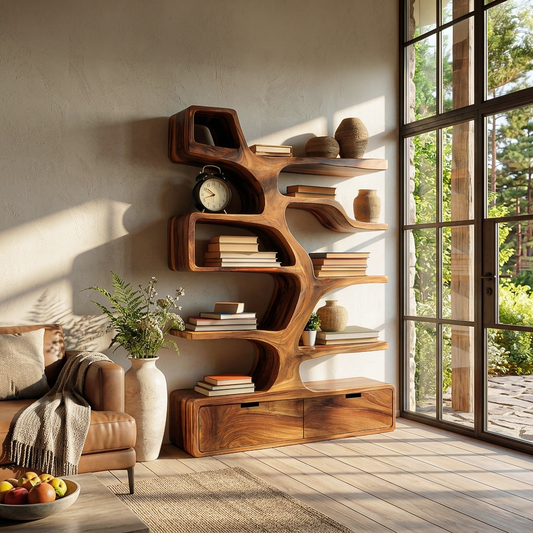 Contemporary Wooden Bookshelf Sculpted Design For Living Space Kitchnce