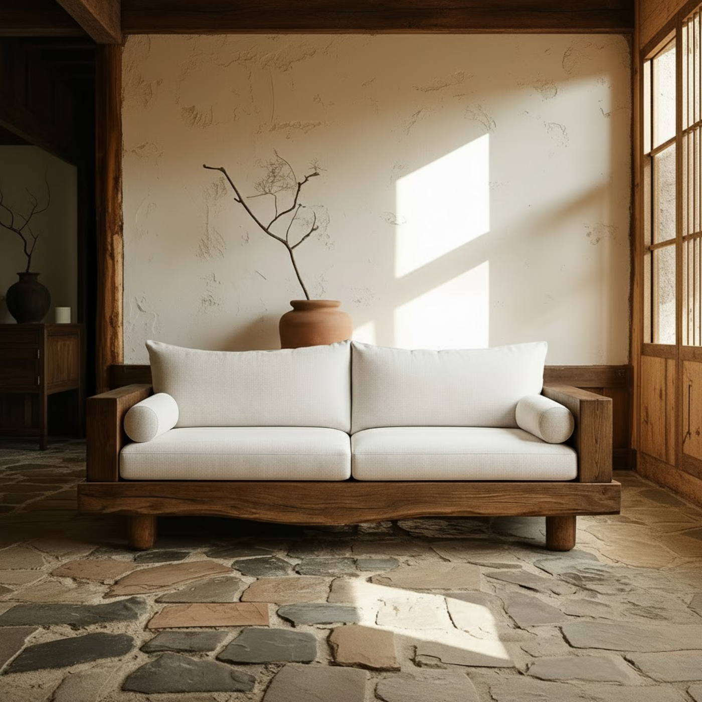 Handcrafted Solid Wood Sofa – Rustic Live Edge Wood Couch with Minimalist Linen Cushions Kitchnce