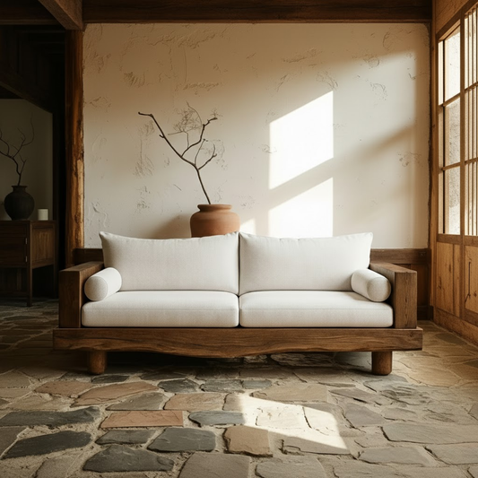 Handcrafted Solid Wood Sofa – Rustic Live Edge Wood Couch with Minimalist Linen Cushions Kitchnce
