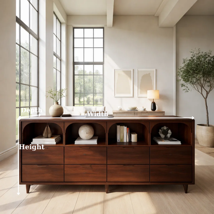 Solid Wood Console Table with Arched Open Shelves and Drawer Storage