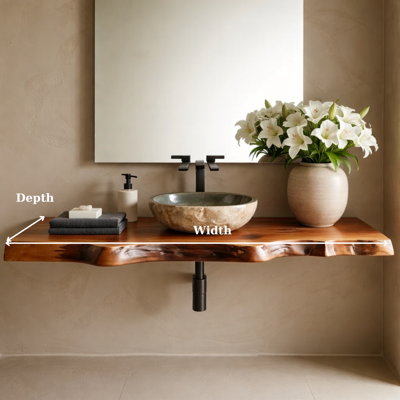 Floating Live Edge Solid Wood Bathroom Vanity Shelf – Natural Wood Slab Wall Mounted Countertop Kitchnce