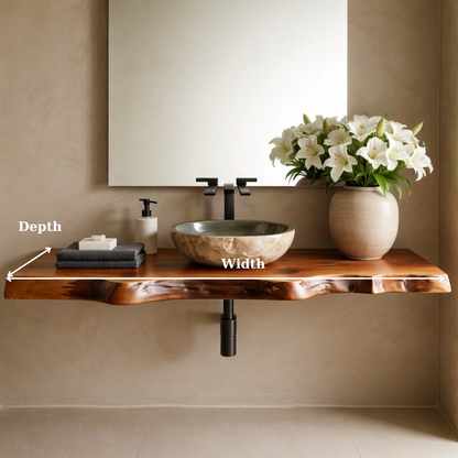 Floating Live Edge Solid Wood Bathroom Vanity Shelf – Natural Wood Slab Wall Mounted Countertop Kitchnce