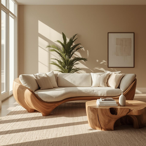 Handcrafted Solid Walnut Sofa – Modern Sculptural Wood Couch with Smooth Organic Curves Kitchnce