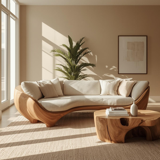Handcrafted Solid Walnut Sofa – Modern Sculptural Wood Couch with Smooth Organic Curves Kitchnce