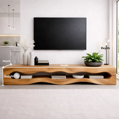 Solid Wood Wave TV Stand with Open Shelves for Modern Minimalist Living Room
