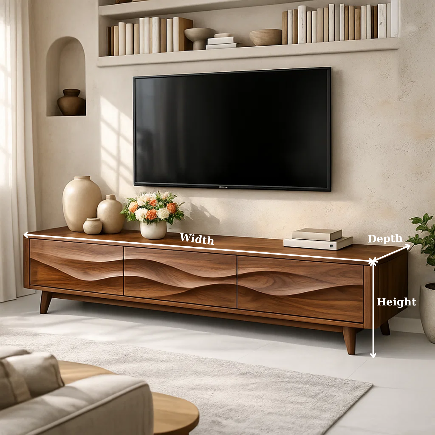 Solid Wood Wave Front TV Stand with Drawers for Modern Living Room